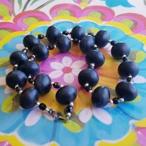 Organic Wood Beaded Necklace Navy Blue & Silver Natural Materials